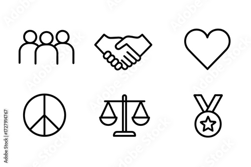 Mutual Respect Icons. Outline icon set of mutual respect: group of people, handshake, linked hands, heart, peace symbol, balance scale, speech bubbles, medal.