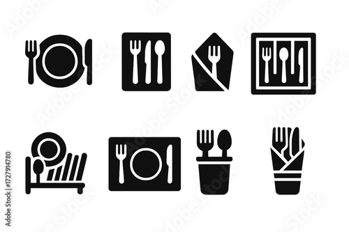 Dining Accessories Icons. Solid, filled icon set of dining accessories: plate with silverware, utensil organizer, napkin ring, cutlery drawer, dish rack,