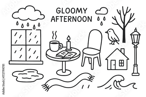 Rainy Day Doodles. Hand-drawn doodle illustration Gloomy afternoon [clouds, window, cup, book, chair, table, candle, raindrops, puddle, scarf, tree, bird,