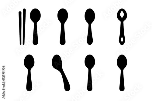 Cultural Spoon Icons. Solid, filled icon set of spoon in cultural context: chopstick spoon, Ethiopian spoon, Middle Eastern spoon, Indian spoon, Japanese