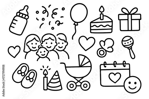 Celebratory Baby Doodle. Hand-drawn doodle illustration birth celebrations and traditions baby bottle, confetti, balloon, cake, heart, gift box, family,