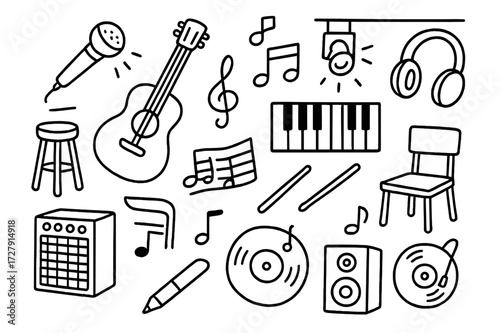 Music Icon Doodle. Hand-drawn doodle illustration Music artist microphone, guitar, headphones, piano, music notes, sheet music, drumsticks, stage lights,