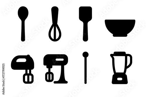 Stirring Tools Icons. Solid, filled icon set of stirring tools: wooden spoon, whisk, spatula, mixing bowl, hand mixer, electric mixer, stirring stick, blender