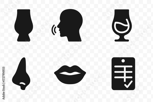 Liqueur Tasting Icons. Solid, filled icon set of liqueur tasting elements: tasting glass, aroma sniffing, tasting notes, swirl glass, nose, mouth, finish,
