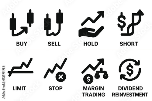 Stock Market Icons. Solid, filled icon set of stock market actions: buy, sell, hold, short sell, limit order, stop loss, margin trading, dividend reinvestment.
