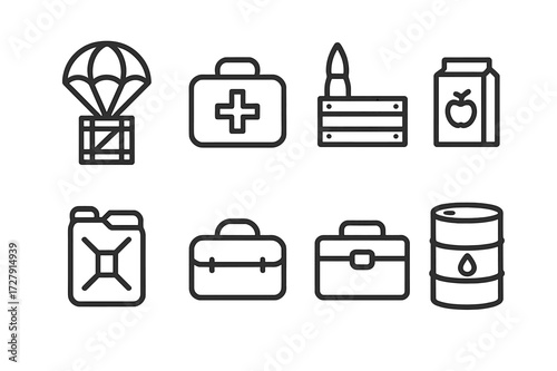 Supply Drop Icons. Outline icon set of supply drop containers: parachute crate, medical kit, ammo box, food package, water canister, equipment bag, tool box,