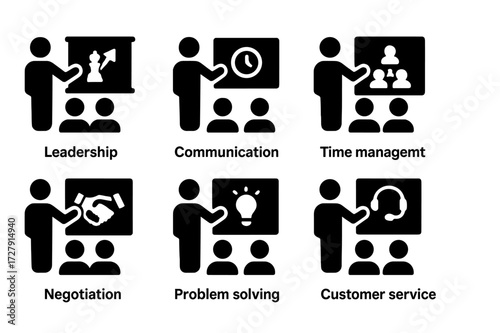 Training Icons Grid. Solid, filled icon set of training courses: leadership, communication, time management, teamwork, negotiation, problem solving, customer