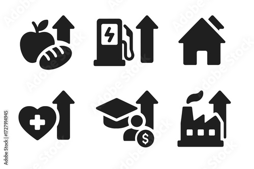 Inflation Economic Icons. Solid, filled icon set of inflation economic sectors: food prices, energy costs, housing market, transportation,
