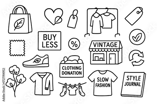 Eco-Friendly Fashion Icons. Hand-drawn doodle illustration [Eco-conscious fashion consumer] [shopping bag with leaf, heart with tag, clothing rack, price tag,