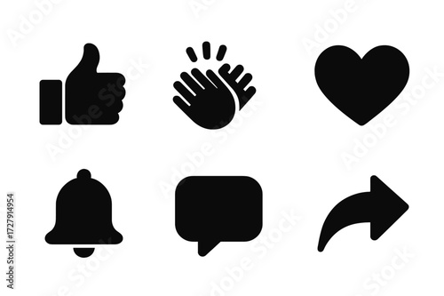 Black Applause Icons. Solid, filled icon set of applause digital icons: like button, clapping emoji, thumbs up emoji, star rating, heart icon, notification