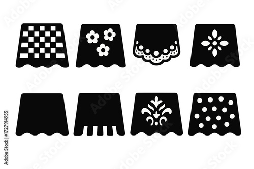 Tablecloth Design Icons. Solid, filled icon set of tablecloth designs: checkered pattern, floral print, lace, embroidered, plain fabric, striped, damask, polka