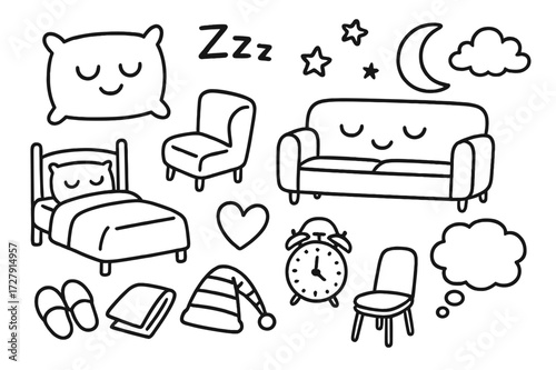 Sleep Time Sketch. Hand-drawn doodle illustration Napping pillow, blanket, bed, couch, closed eyes, Zzz letters, moon, stars, cloud, heart, clock, slippers,