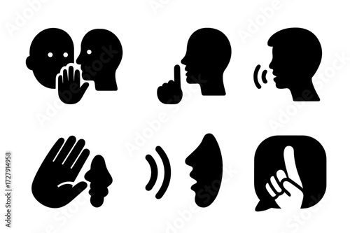 Whisper Icon Set. Solid, filled icon set of whisper expressions: face close to ear, finger on lips, whispering mouth, side profile whisper, cupped hand to