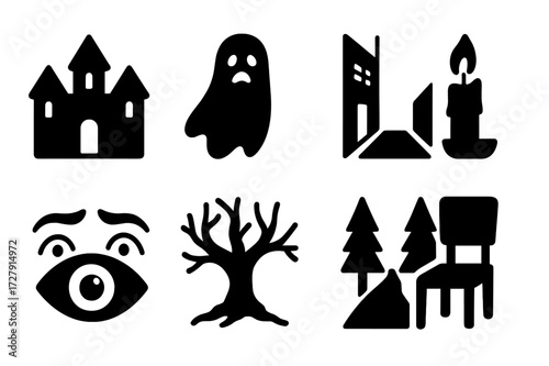 Icons of Fear. Solid, filled icon set of fear and darkness: haunted house, ghost shadow, dark alley, flickering candle, scared eye, spooky tree, dark forest