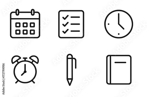 Homework Icon Set. Outline icon set of homework organization: calendar, checklist, clock, folder, alarm, pen, notebook, timetable. Line icons in only black