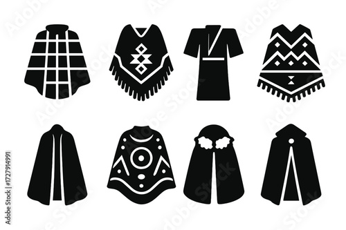 Global Cape Icons. Solid, filled icon set of cultural capes: Scottish plaid cape, Native American blanket cloak, Japanese kimono cape, South American poncho,