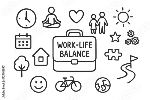 Work-Life Balance Icons. Hand-drawn doodle illustration work-life balance briefcase, clock, calendar, yoga pose, heart, family, house, tree, bicycle, sun,