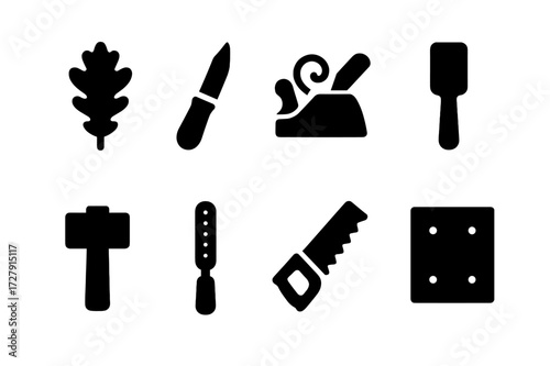 Woodworking Tool Icons. Solid, filled icon set of woodcraft tools: oak whisk, carving knife, wood plane, chisel, mallet, rasp, saw, sandpaper. [Line icons in