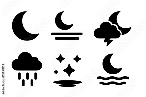 Night Weather Icons. Solid, filled icon set of night weather and atmosphere: clear night, foggy night, thunderstorm at night, crescent moon with clouds, night