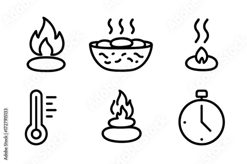Hot Stone Icons. Solid, filled icon set of hot stone heating process: flame under stone, stones in hot water, temperature meter, steam lines, stone in heater,
