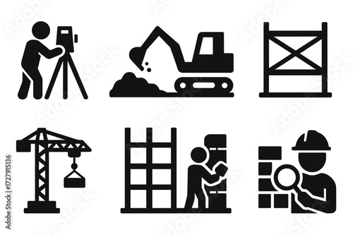Urban Development Icons. Solid, filled icon set of urban development stages: land survey, excavation, foundation, scaffolding, crane, building frame,