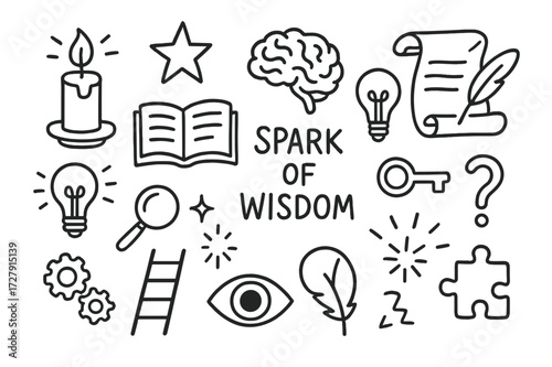 Wisdom Symbols Doodle. Hand-drawn doodle illustration Spark of wisdom candle, star, brain, open book, light bulb, feather pen, scroll, magnifying glass, key,