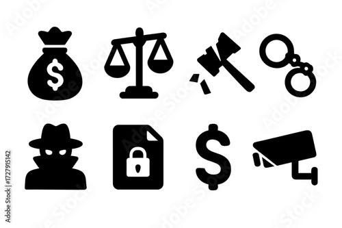 Corruption Icons Set. Solid, filled icon set of corruption symbols: money bag, scales tipped, broken gavel, handcuffs, shadowy figure, secret document, dollar