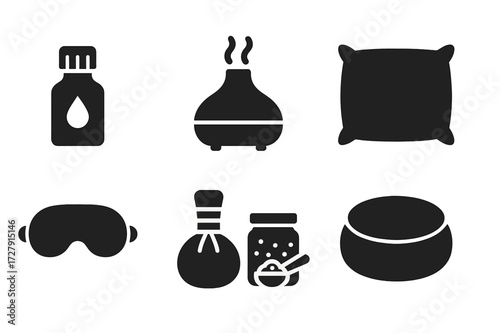 Calm Wellness Icons. Solid, filled icon set of calm wellness products: essential oil bottle, diffuser, scented candle, soft pillow, eye mask, herbal compress,