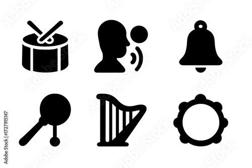 Ritual Music Icons. Solid, filled icon set of ritual music: drum, flute, chant, bell, rattle, harp, gong, tambourine. Solid, filled icons in only black color.