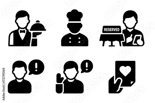 Restaurant Service Icons. Solid, filled icon set of menu customer service: waiter, chef, table reservation, order taking, feedback, complaint, assistance,