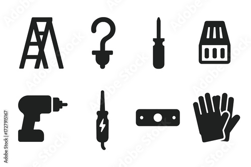 Chandelier Installation Tools. Solid, filled icon set of chandelier installation tools: ladder, ceiling hook, screwdriver, wire connector, drill, voltage