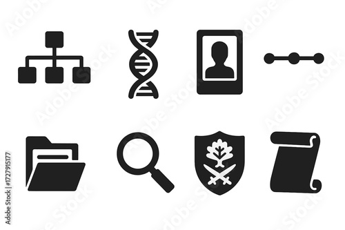 Genealogy Tools Icons. Solid, filled icon set of genealogy tools: tree chart, DNA strand, old photo, timeline, folder with records, magnifying glass, family