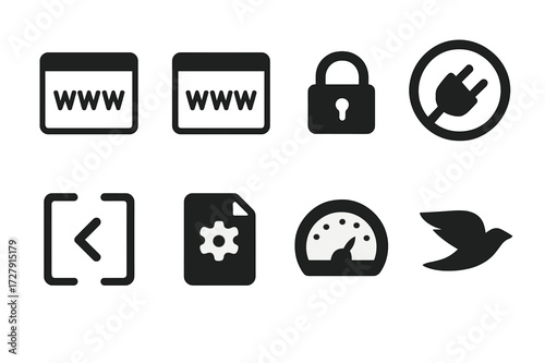 Web Protocol Icon Set. Solid, filled icon set of web protocols: HTTP, HTTPS, WebSocket, REST, SOAP, GraphQL, SPDY, QUIC. Solid, filled icons in only black