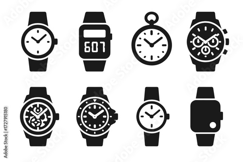 Black Watch Icons. Solid, filled icon set of gold watch designs: analog watch, digital watch, pocket watch, chronograph, skeleton watch, dive watch, dress