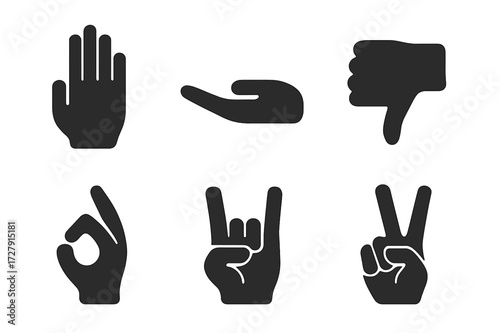 Hand Gesture Icons. Solid, filled icon set of hand signals for communication: sign language, stop hand, come here, thumbs down, okay sign, rock sign, call me