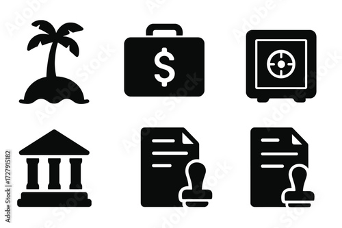 Offshore Finance Icons. Solid, filled icon set of offshore and tax haven: island, palm tree, money suitcase, tax document, globe, safe deposit box, offshore