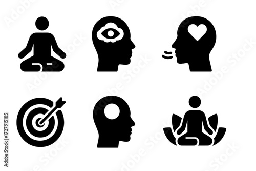 Mindfulness Icon Set. Solid, filled icon set of warm-up mental focus: meditation, visualization, deep breathing, positive affirmation, goal setting,