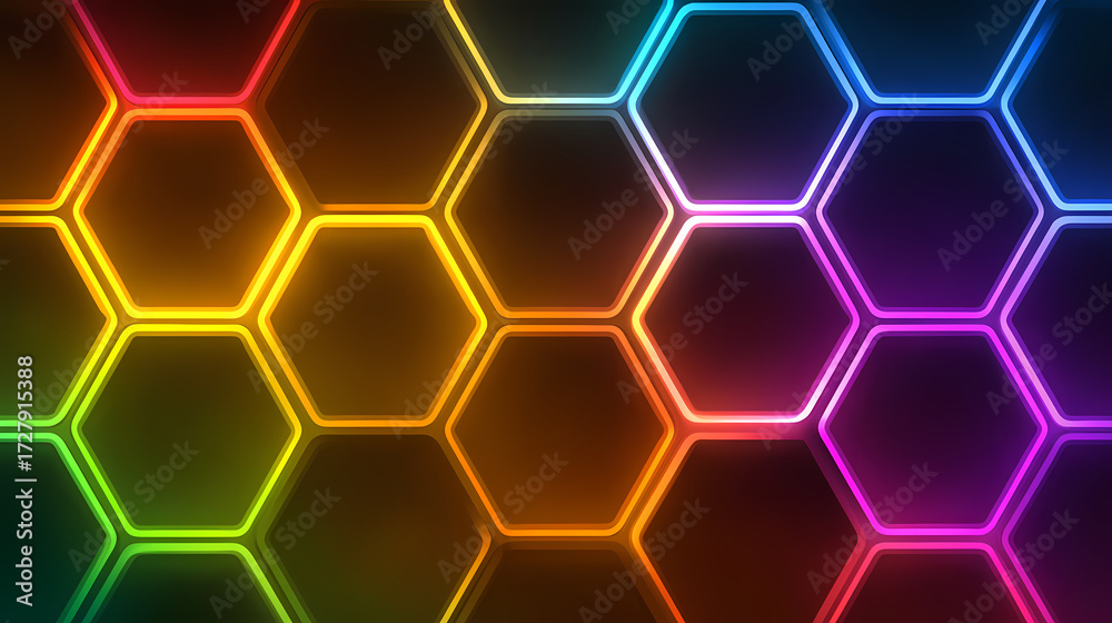 Obraz premium Rainbow neon hexagons background
