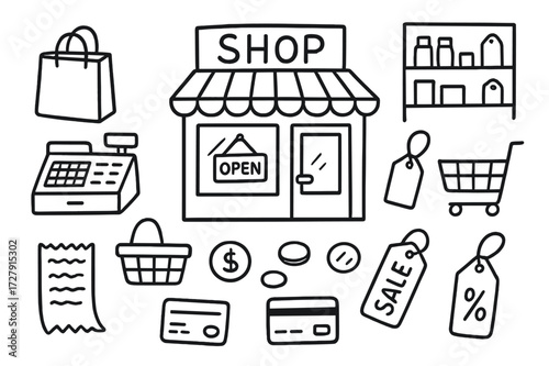 Local Shops Doodle. Hand-drawn doodle illustration local shops storefront, awning, shopping bag, cash register, basket, receipt, shelves, price tag, trolley,