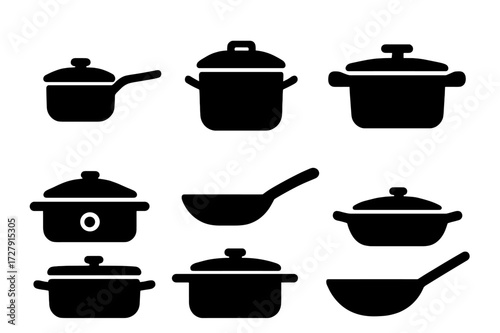 Cooking Pots Icons. Solid, filled icon set of cooking pots: saucepan, stockpot, pressure cooker, slow cooker, frying pan, casserole dish, Dutch oven, wok.
