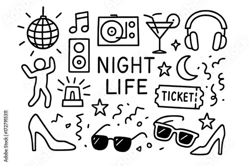 Nightlife Doodle Icons. Hand-drawn doodle illustration Nightlife events and clubbing [disco ball, music note, cocktail glass, speaker, DJ turntable,