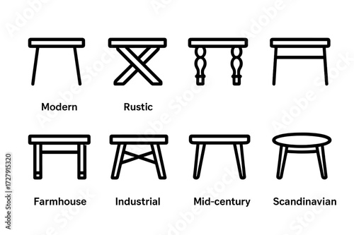 Table Style Icons. Solid, filled icon set of table styles: modern, rustic, antique, minimalist, farmhouse, industrial, mid-century, Scandinavian. Line icons in
