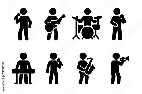 Live Band Icons Grid. Solid, filled icon set of live band members: lead singer, guitarist, drummer, bassist, keyboardist, backup vocalist, saxophonist,
