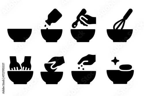 Bowl Preparation Icons. Solid, filled icon set of bowl preparations: mixing bowl, pouring ingredients, stirring, whisking, kneading dough, serving, garnishing,