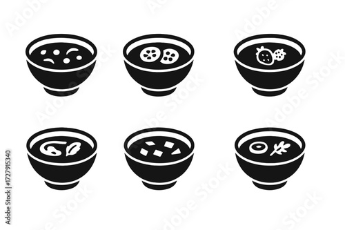 Cold Soup Icons. Solid, filled icon set of cold soups: gazpacho, cucumber soup, beet soup, fruit soup, yogurt soup, avocado soup, melon soup, cold carrot soup.
