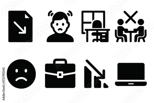 Workforce Reduction Icons. Solid, filled icon set of workforce reduction: layoff notice, worried person, empty office, canceled meeting, sad face, briefcase