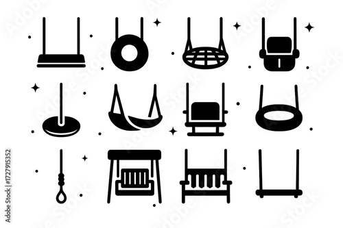 Variety of Swings. Types of swings. Solid icons set of wooden plank swing, tire swing, net swing, toddler bucket swing, disc swing, hammock swing, glider