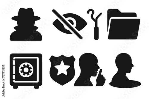 Secrecy Symbol Icons. Solid, filled icon set of secrecy symbols: silhouette figure, eye with slash, lockpick, hidden folder, safe box, security badge, whisper,