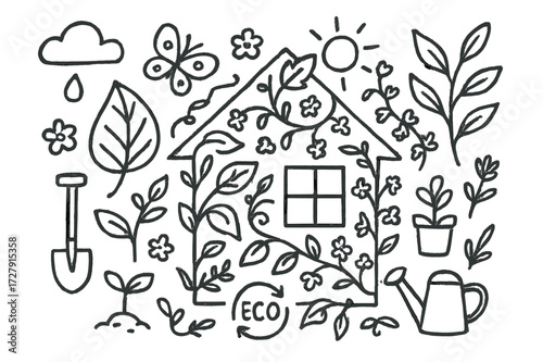 Nature-Inspired House Design. Hand-drawn doodle illustration Nature-inspired house walls [house, wall with plants, leaf, vine, flower, sprout, droplet,