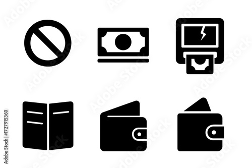Cashless Icons Grid. Solid, filled icon set of money absence: zero coins, empty cash stack, broken ATM, no money hand, empty bankbook, empty wallet icon,